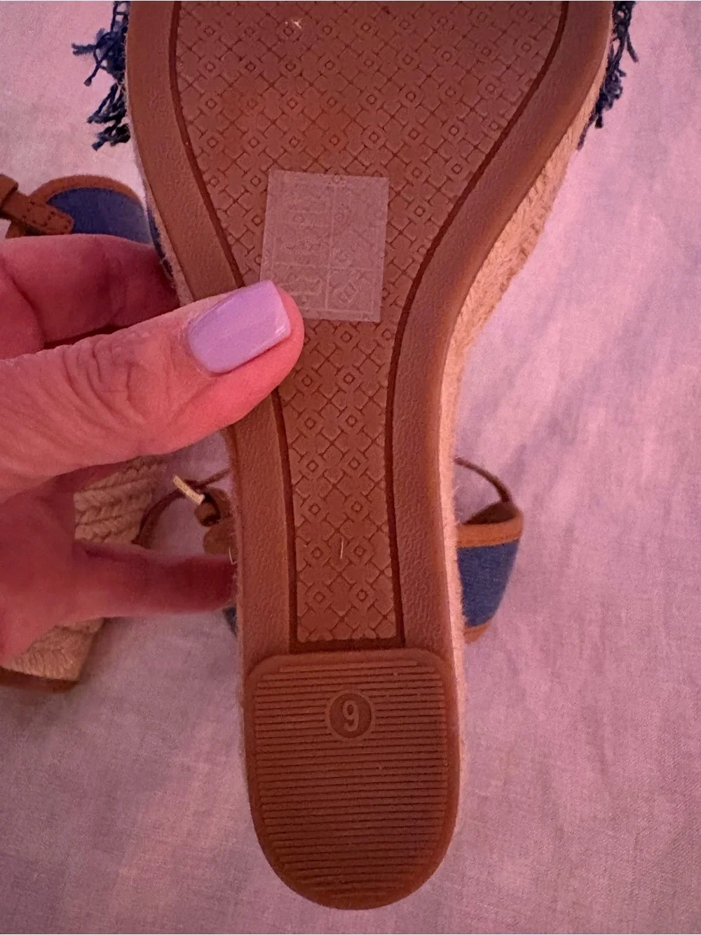 Tory Burch Navy Denim Espadrille Wedge Sandals with Pom Detail